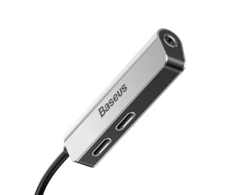 Baseus adapter audio/HF z Apple Lightning 8-pin na 2x do Lightning 8-pin + Jack 3,5mm żeński L52 CALL52-S1 srebrno-czarny